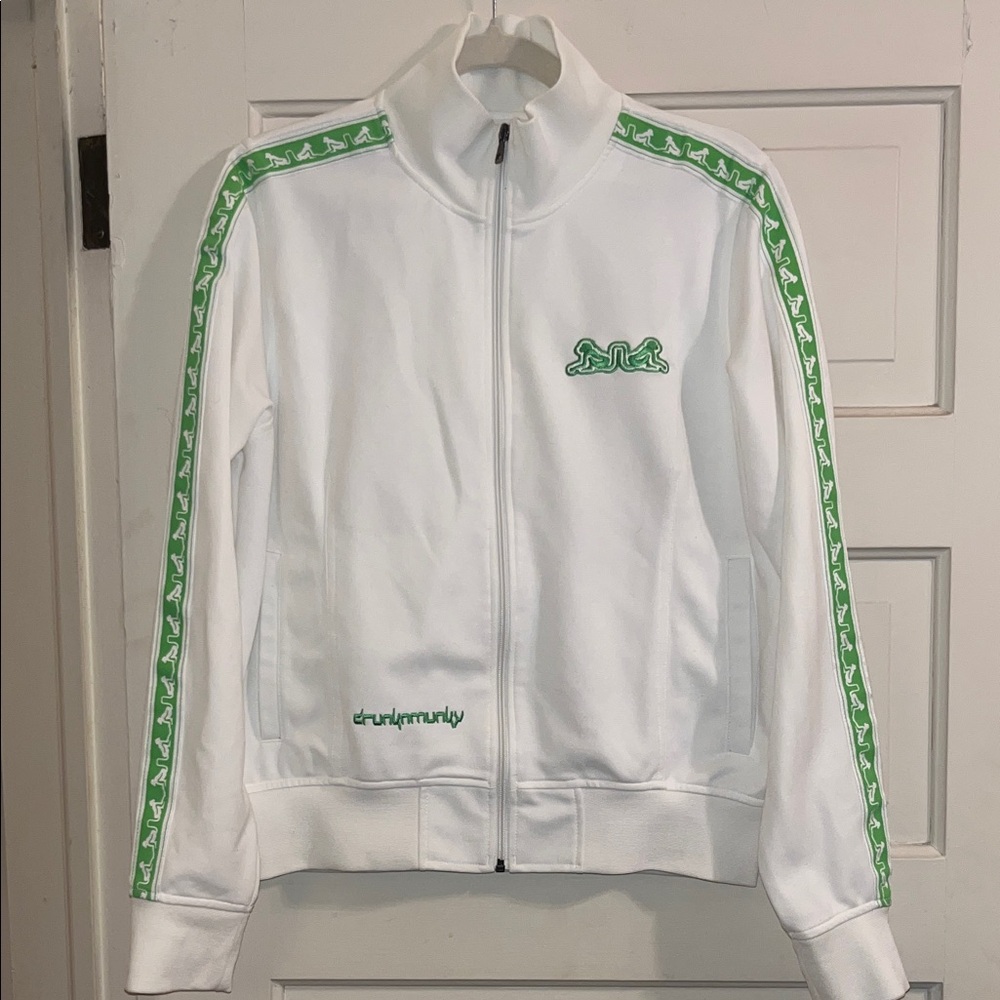 White Track Jacket with Green Trim